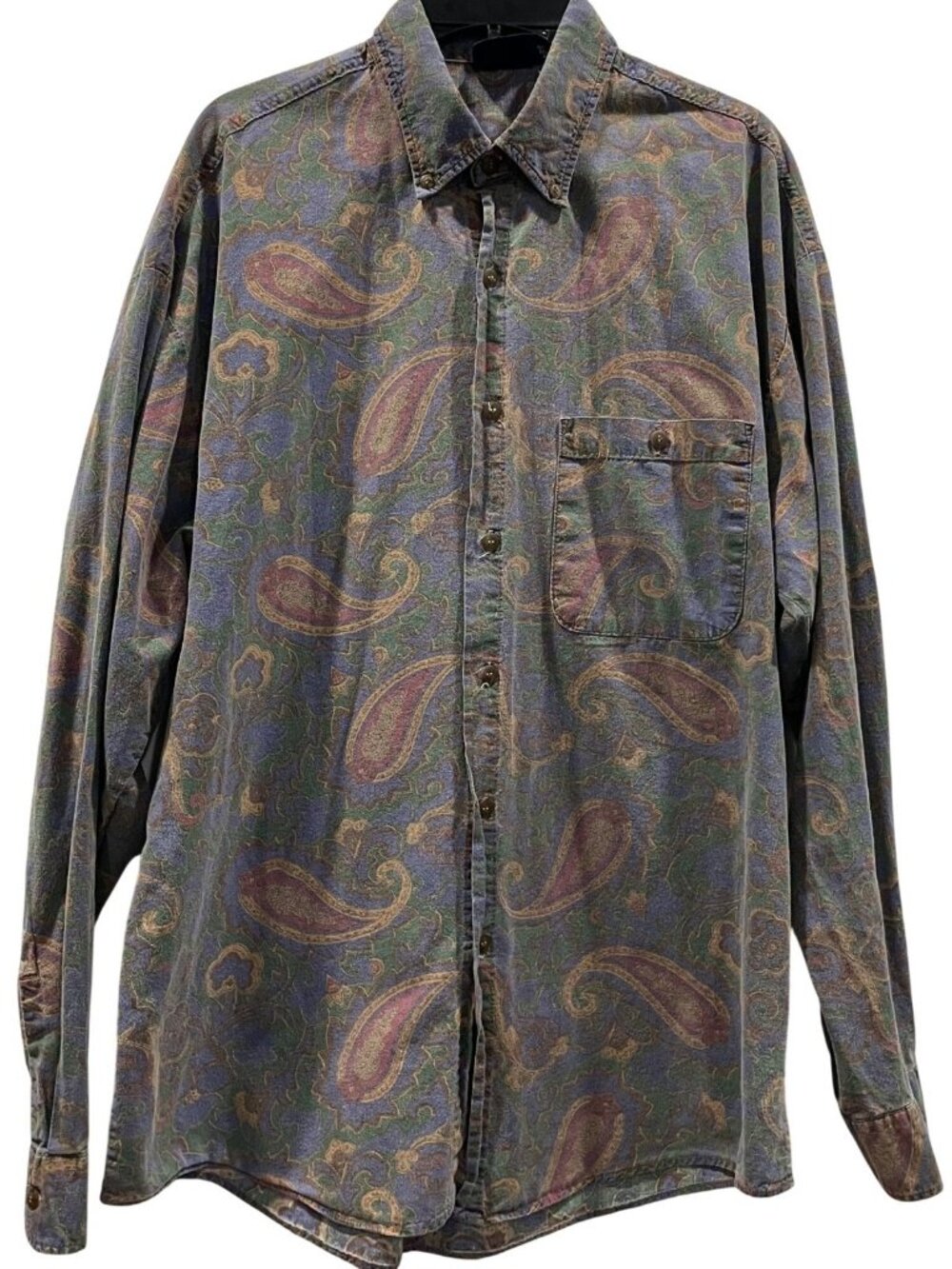 Vintage Bon Homme Mens Button Down Shirt S Blue Red Paisley Relaxed Fit 80s USA